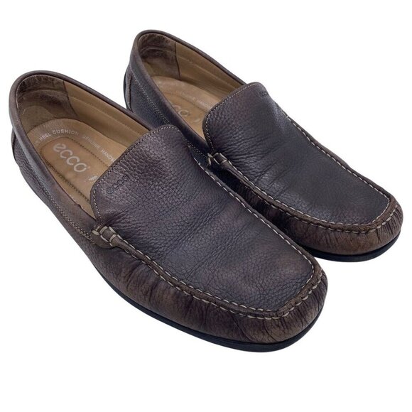 Ecco Shoes Men's EU 47 Slip On Driving Moccasin Loafer Brown Pebbled Leather - Picture 1 of 14